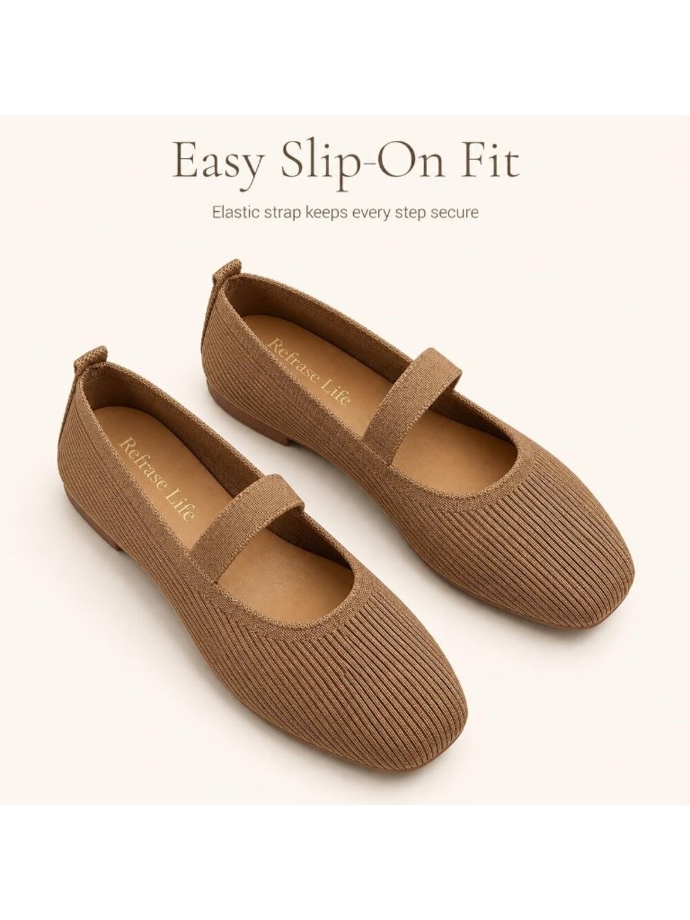 Women's Brown Mesh Comfortable Elastic Strap Casual Square Toe Ballet Flat Shoes - Picture 3 of 6